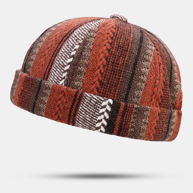 Collrown Unisex Casual Estilo Británico Rayas Patchwork Patrón Sin Ala Beanie Landlord Hat Skull Hat