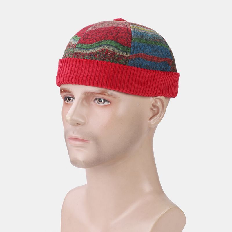 Collrown Unisex Contraste Color Rayas Patrón Casual Retro Brimless Beanie Landlord Hat Skull Hat