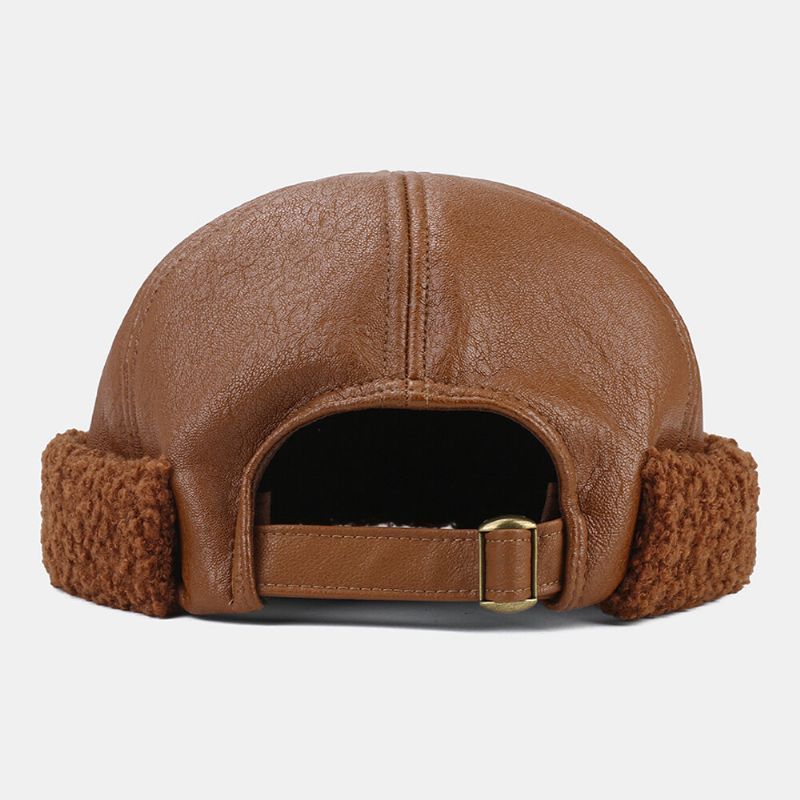 Collrown Unisex Faux Leather Soft Hair Around Side Keep Warm Personalidad Informal Sin Ala Beanie Landlord Hat Skull Hat