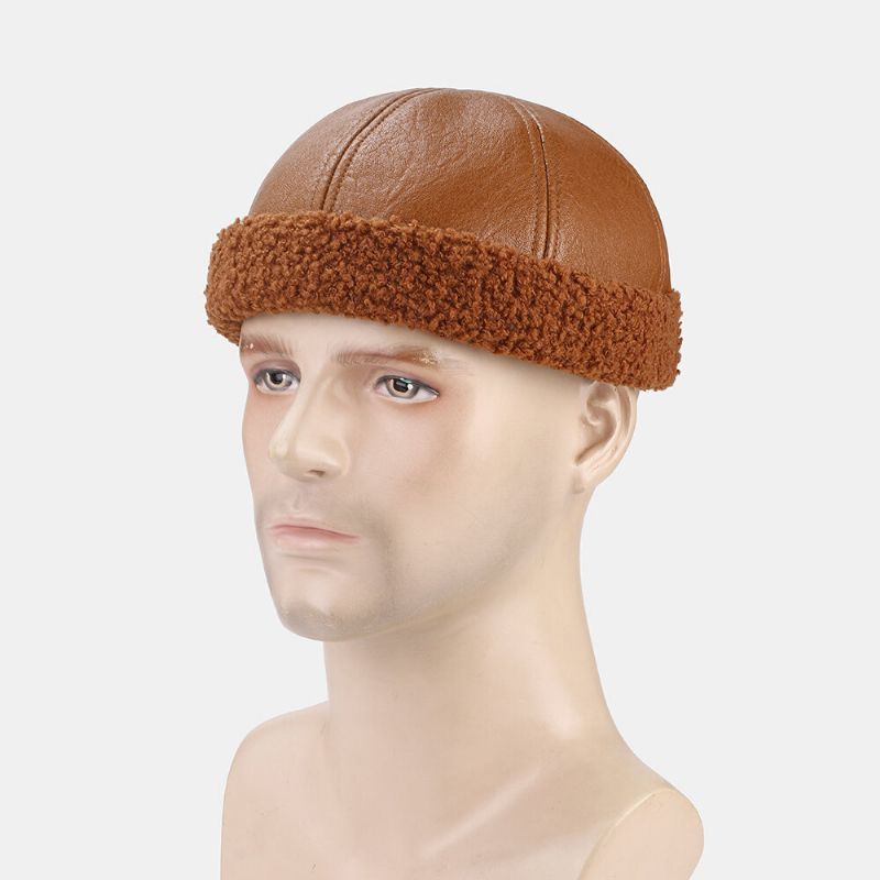 Collrown Unisex Faux Leather Soft Hair Around Side Keep Warm Personalidad Informal Sin Ala Beanie Landlord Hat Skull Hat