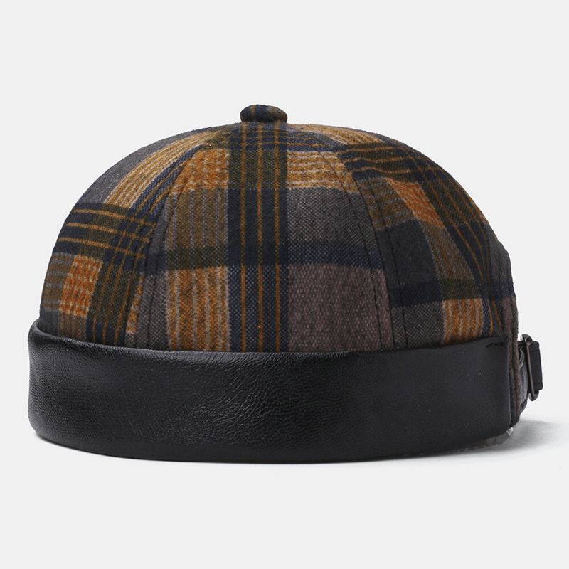 Collrown Unisex Patchwork Color Plaids Patrón Casual Retro Brimless Beanie Landlord Hat Skull Hat