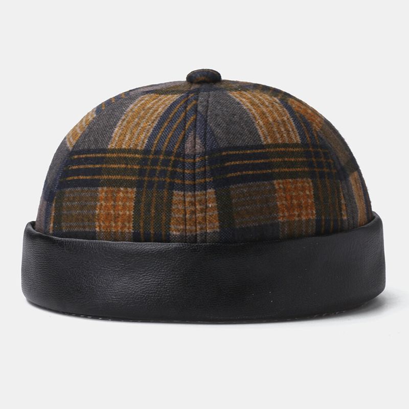 Collrown Unisex Patchwork Color Plaids Patrón Casual Retro Brimless Beanie Landlord Hat Skull Hat