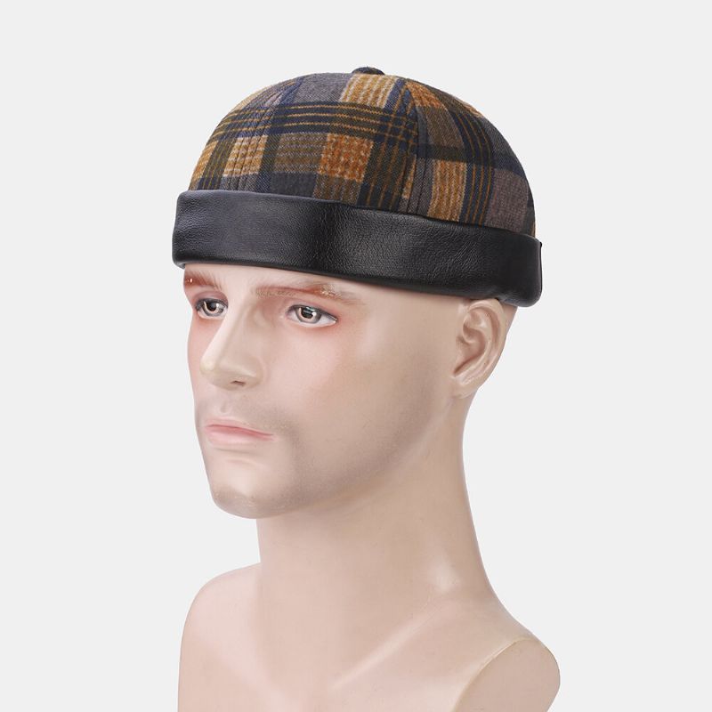 Collrown Unisex Patchwork Color Plaids Patrón Casual Retro Brimless Beanie Landlord Hat Skull Hat