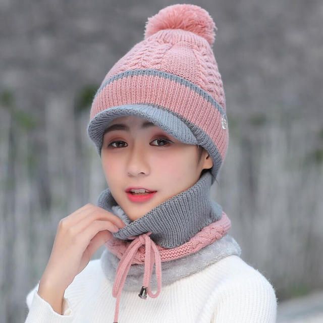 Conjunto De Gorro Y Bufanda De Lana Beanie Warm Winter Pom Wooly Cap