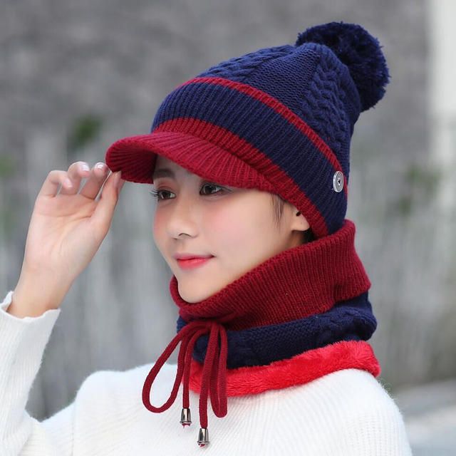 Conjunto De Gorro Y Bufanda De Lana Beanie Warm Winter Pom Wooly Cap