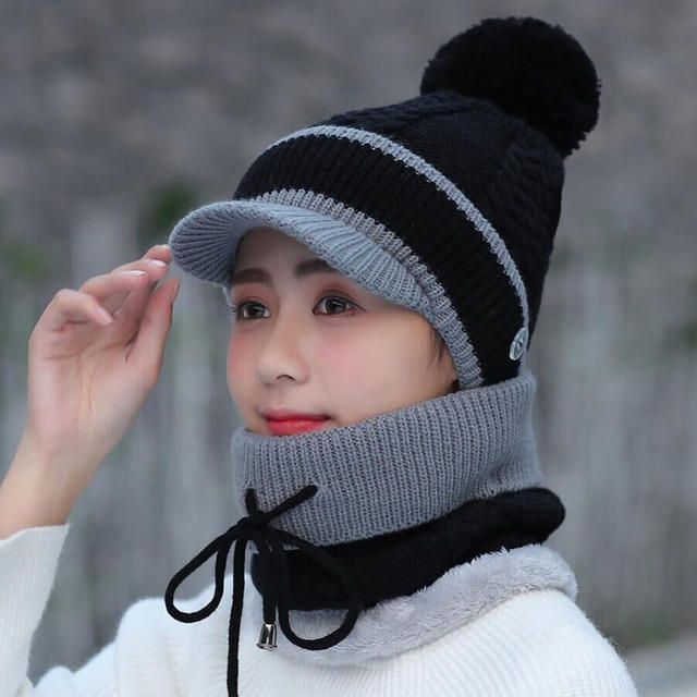 Conjunto De Gorro Y Bufanda De Lana Beanie Warm Winter Pom Wooly Cap