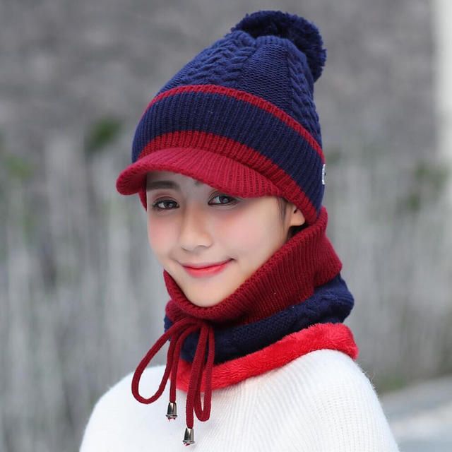 Conjunto De Gorro Y Bufanda De Lana Beanie Warm Winter Pom Wooly Cap