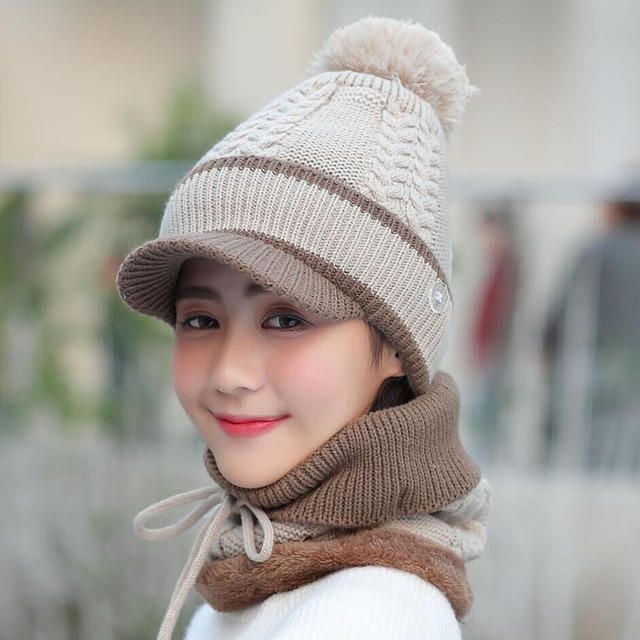 Conjunto De Gorro Y Bufanda De Lana Beanie Warm Winter Pom Wooly Cap