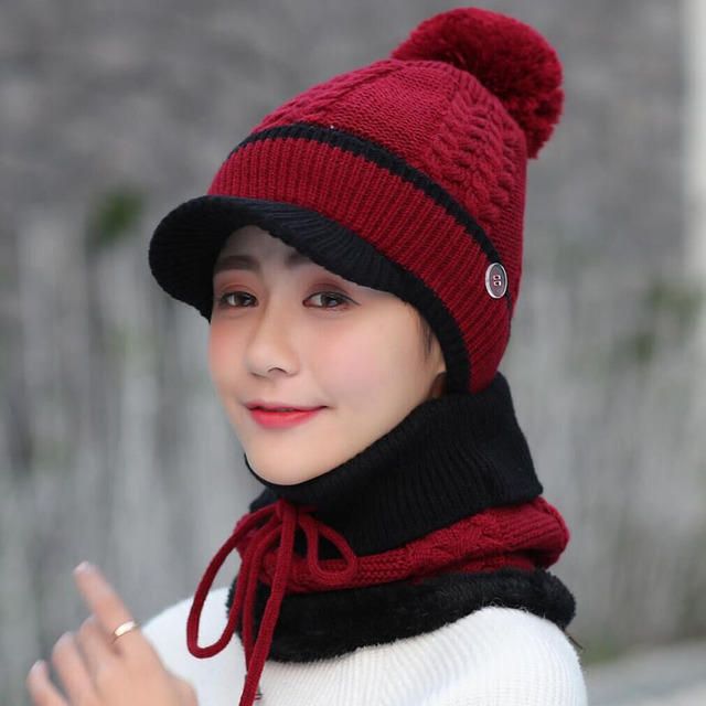 Conjunto De Gorro Y Bufanda De Lana Beanie Warm Winter Pom Wooly Cap