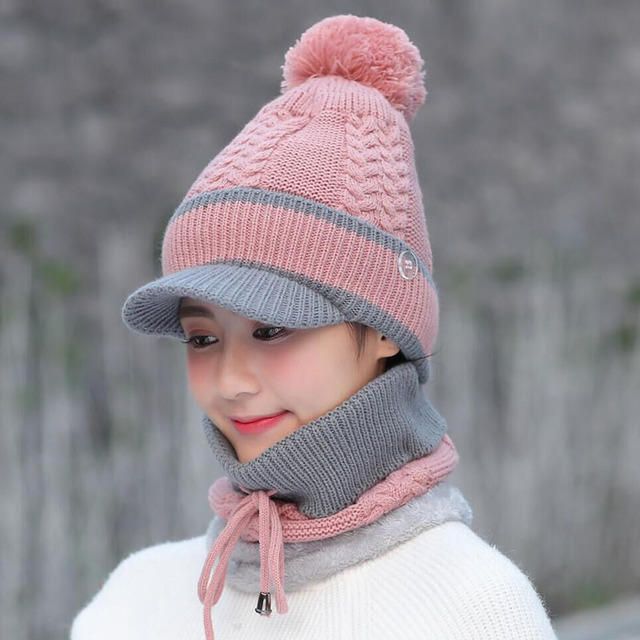 Conjunto De Gorro Y Bufanda De Lana Beanie Warm Winter Pom Wooly Cap