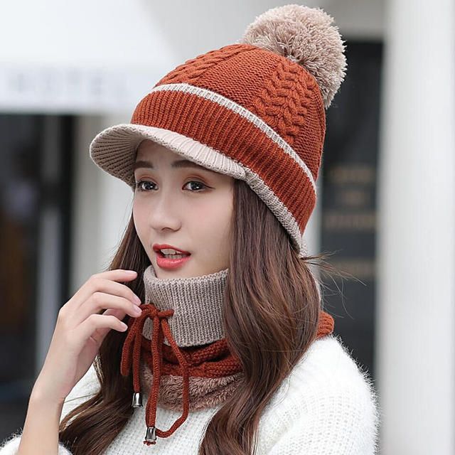 Conjunto De Gorro Y Bufanda De Lana Beanie Warm Winter Pom Wooly Cap