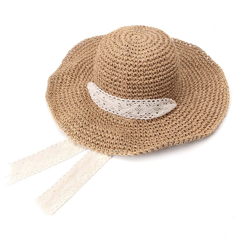 Corbata De Encaje Plegable Para Mujer Sombrero De Paja Hecho A Mano Protector Solar Viaje Playa Sombrero Flexible