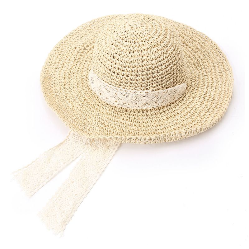 Corbata De Encaje Plegable Para Mujer Sombrero De Paja Hecho A Mano Protector Solar Viaje Playa Sombrero Flexible