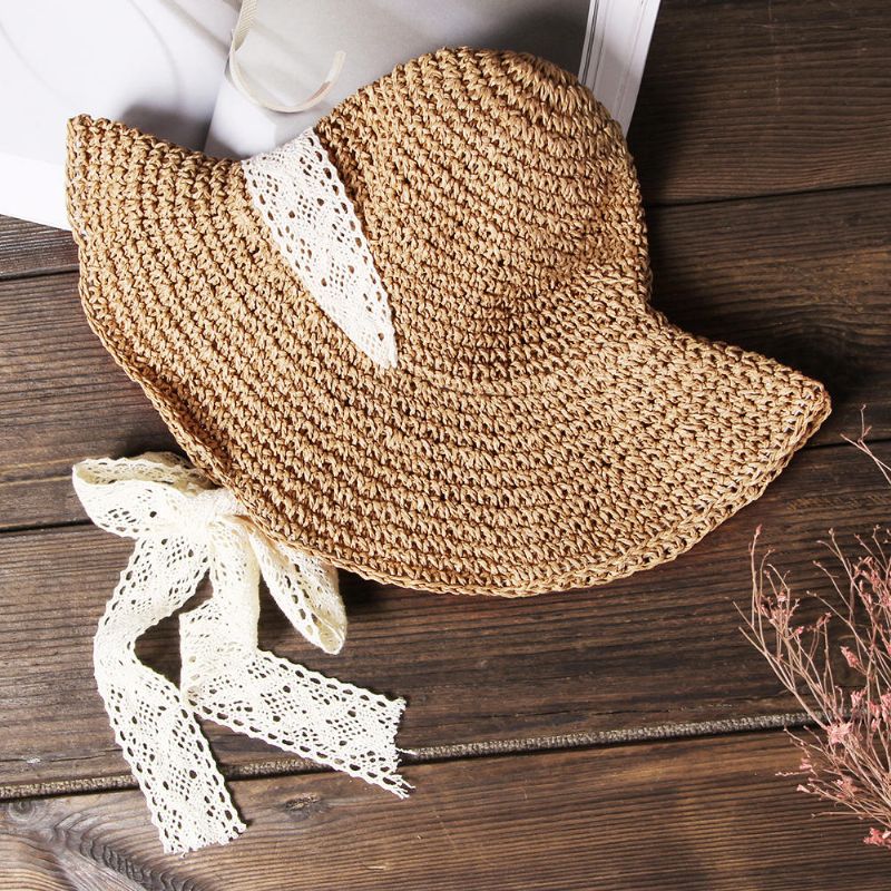 Corbata De Encaje Plegable Para Mujer Sombrero De Paja Hecho A Mano Protector Solar Viaje Playa Sombrero Flexible