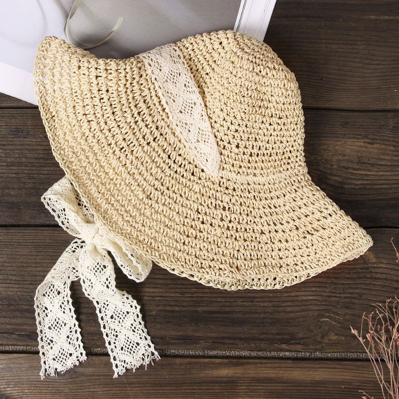 Corbata De Encaje Plegable Para Mujer Sombrero De Paja Hecho A Mano Protector Solar Viaje Playa Sombrero Flexible