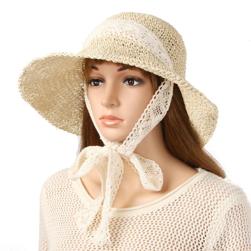 Corbata De Encaje Plegable Para Mujer Sombrero De Paja Hecho A Mano Protector Solar Viaje Playa Sombrero Flexible