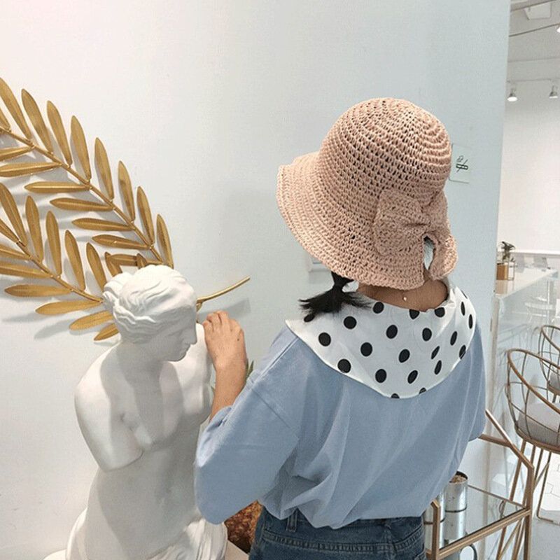 Decoración Con Lazo Plegable Para Mujer Casual Transpirable De Ala Pequeña Protector Solar Sombrero De Paja Sombrero De Cubo