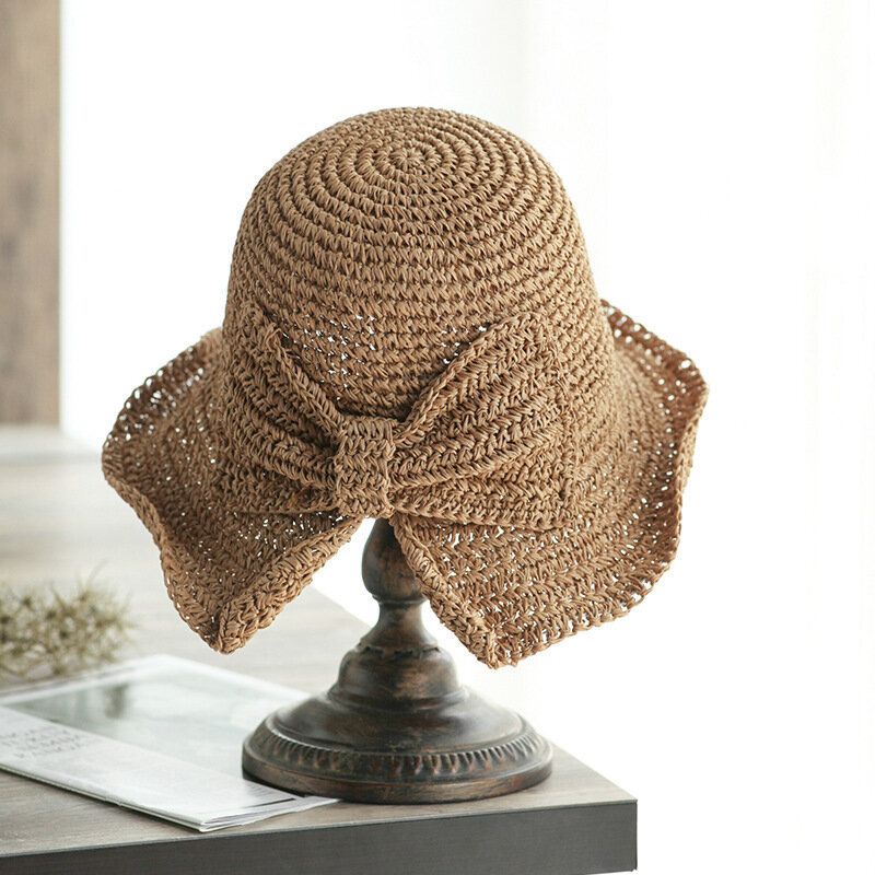 Decoración Con Lazo Plegable Para Mujer Casual Transpirable De Ala Pequeña Protector Solar Sombrero De Paja Sombrero De Cubo