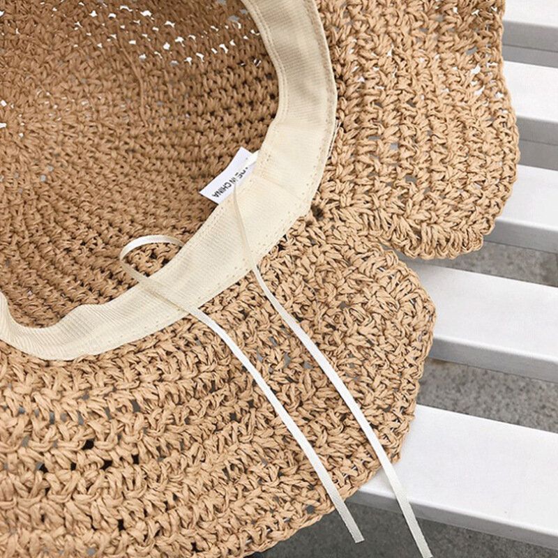 Decoración Con Lazo Plegable Para Mujer Casual Transpirable De Ala Pequeña Protector Solar Sombrero De Paja Sombrero De Cubo