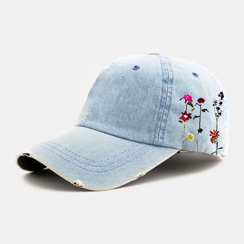 Gorra De Béisbol Con Sombrilla Bordada Unisex De Mezclilla De Color Claro Con Estampado De Flores