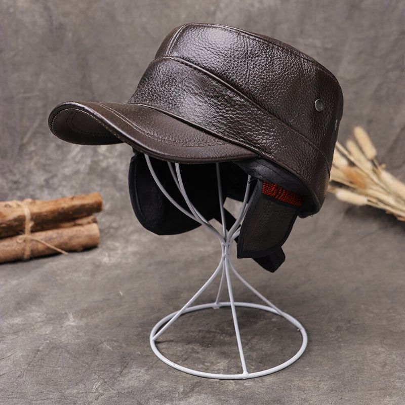 Gorra De Béisbol De Cuero Cálido De Moda Al Aire Libre Con Protección Auditiva De Cuero Genuino Para Hombres