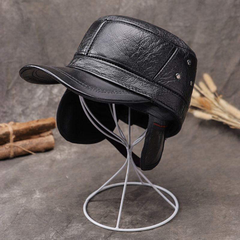 Gorra De Béisbol De Cuero Cálido De Moda Al Aire Libre Con Protección Auditiva De Cuero Genuino Para Hombres