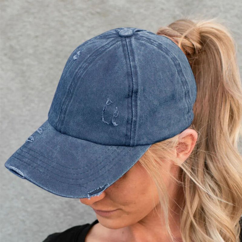 Gorra De Béisbol De Mezclilla Lavada Rasgada Con Agujeros A La Moda De Color Sólido Con Agujeros De Ruptura Hechos A Mano Para Mujer 20474