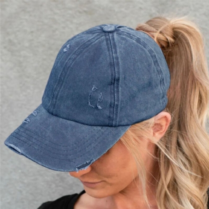 Gorra De Béisbol De Mezclilla Lavada Rasgada Con Agujeros A La Moda De Color Sólido Con Agujeros De Ruptura Hechos A Mano Para Mujer 20474