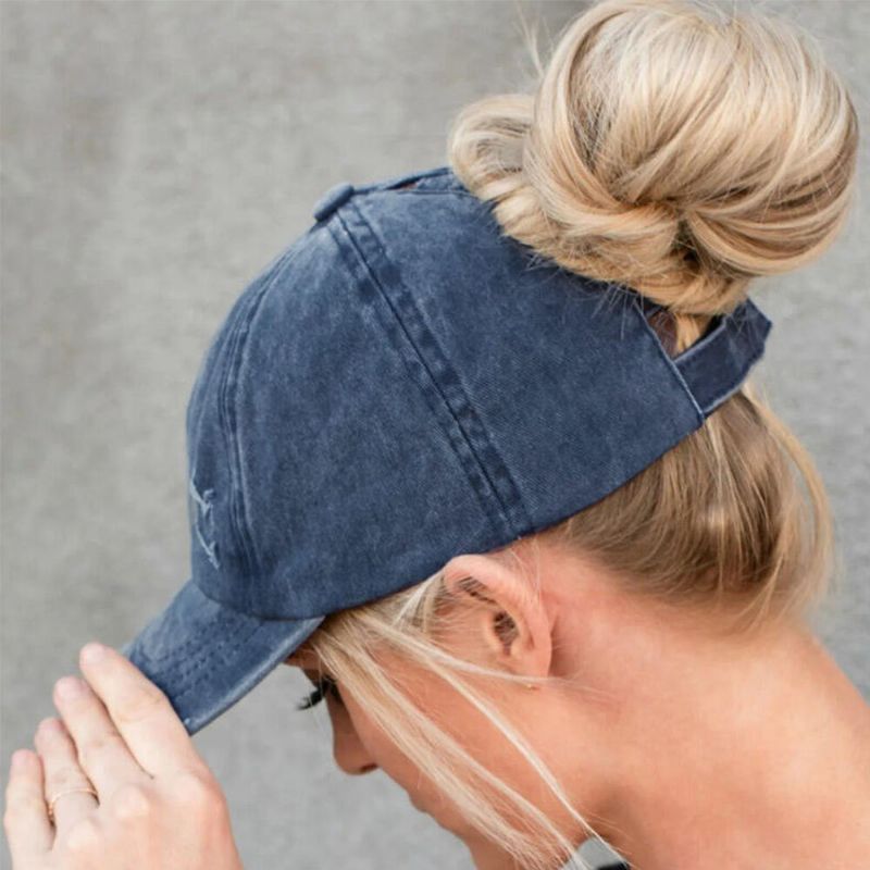 Gorra De Béisbol De Mezclilla Lavada Rasgada Con Agujeros A La Moda De Color Sólido Con Agujeros De Ruptura Hechos A Mano Para Mujer 20474