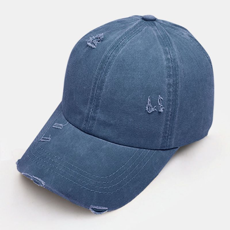 Gorra De Béisbol De Mezclilla Lavada Rasgada Con Agujeros A La Moda De Color Sólido Con Agujeros De Ruptura Hechos A Mano Para Mujer 20474