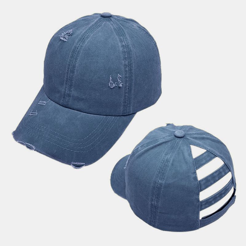 Gorra De Béisbol De Mezclilla Lavada Rasgada Con Agujeros A La Moda De Color Sólido Con Agujeros De Ruptura Hechos A Mano Para Mujer 20474