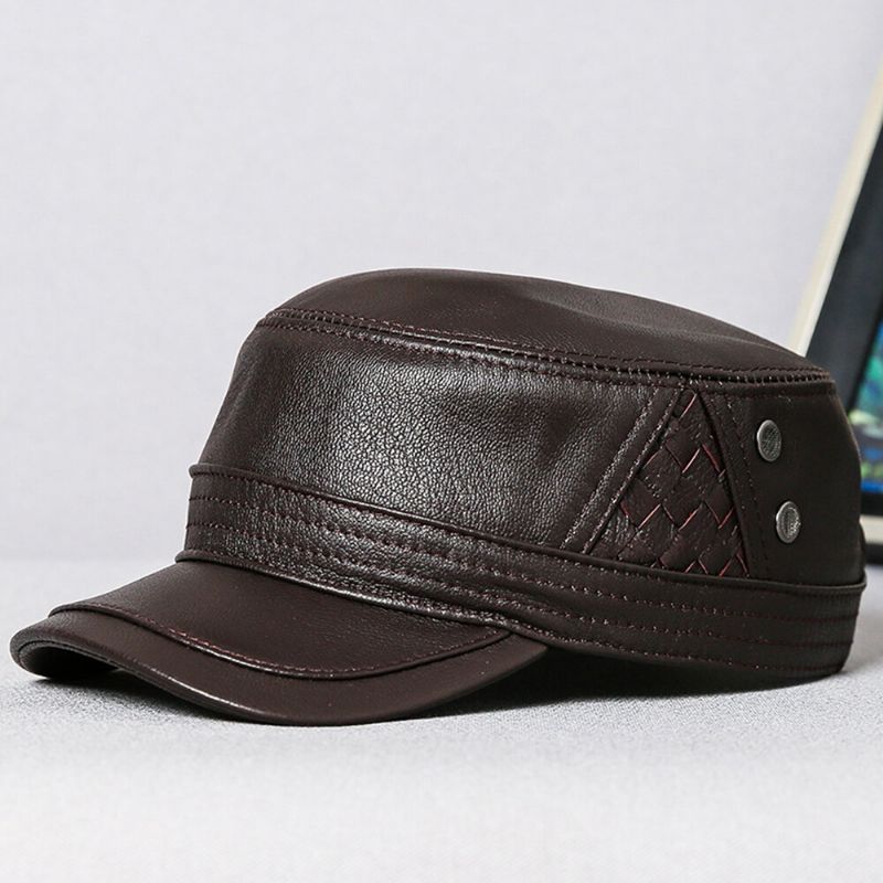 Gorra Plana Con Visera Solar Con Patrón Tejido Con Personalidad De Cuero Genuino Para Hombres