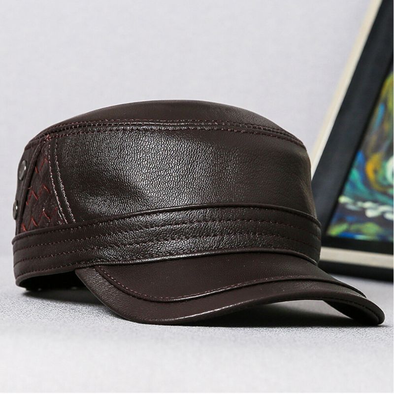 Gorra Plana Con Visera Solar Con Patrón Tejido Con Personalidad De Cuero Genuino Para Hombres