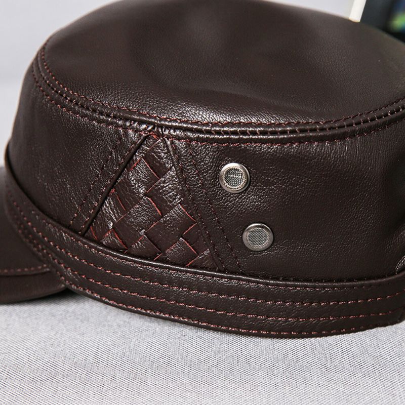 Gorra Plana Con Visera Solar Con Patrón Tejido Con Personalidad De Cuero Genuino Para Hombres