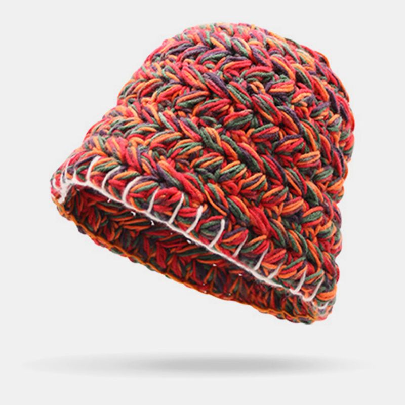 Gorro De Lana Con Puños De Color Arcoíris De Lana Para Mujer Cálido Y Informal Gorro De Cubo