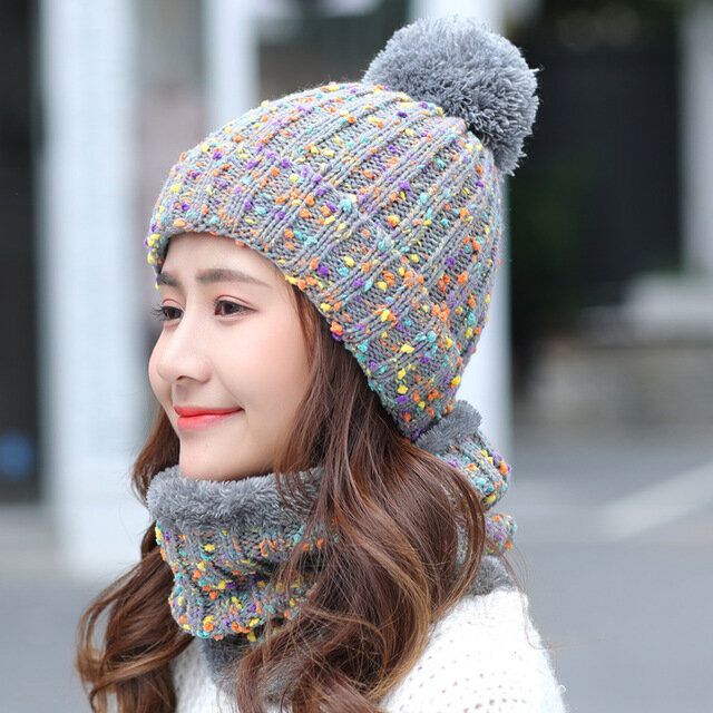 Gorro De Lana Gruesa Y Cálida Conjunto De Dos Piezas Con Babero Gorro Con Pompón De Invierno Cálido