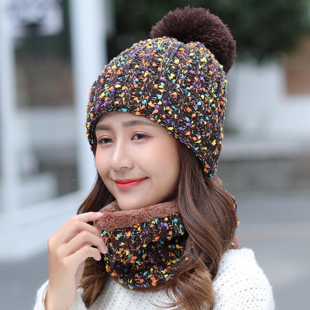 Gorro De Lana Gruesa Y Cálida Conjunto De Dos Piezas Con Babero Gorro Con Pompón De Invierno Cálido