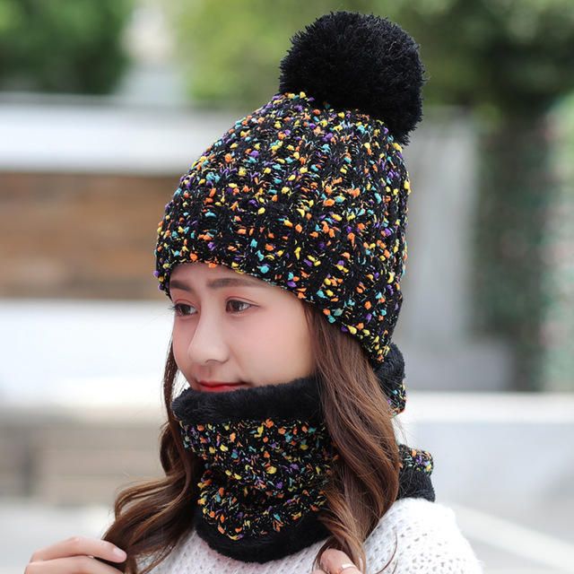 Gorro De Lana Gruesa Y Cálida Conjunto De Dos Piezas Con Babero Gorro Con Pompón De Invierno Cálido