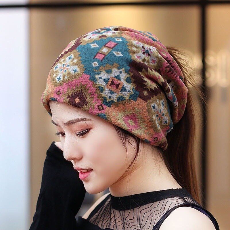 Gorro De Lana Multiusos De Estilo Étnico Para Mujer Bufanda De Doble Capa Gorro De Algodón Con Calavera