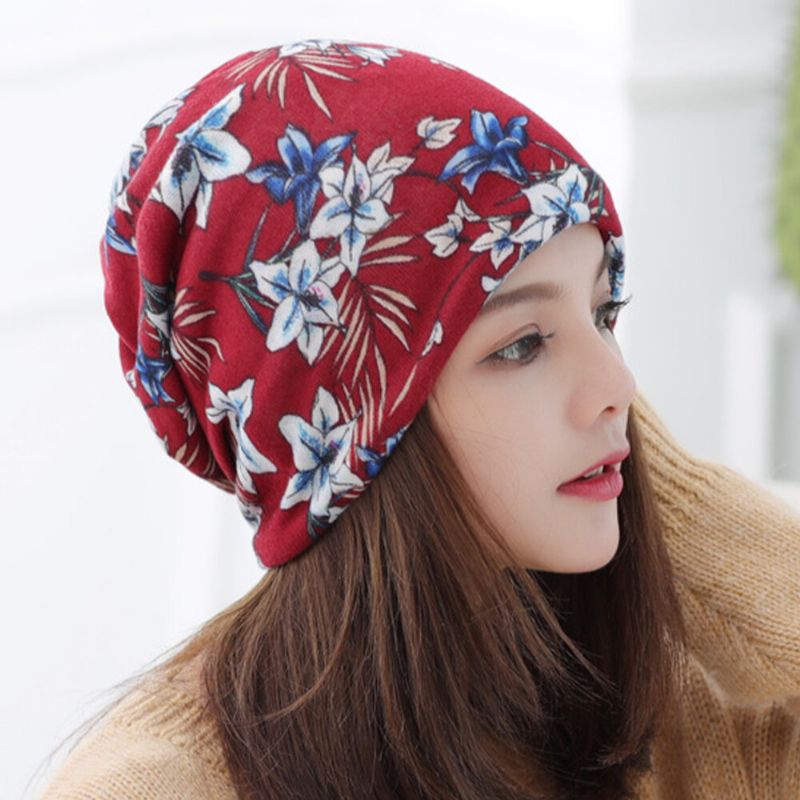 Gorro De Punto Con Estampado Floral De Color Cachemir Para Mujer Informal De Doble Uso Con Protección Para El Cuello Sin Ala