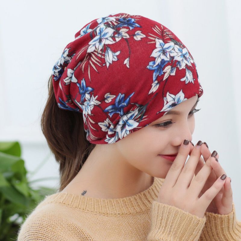 Gorro De Punto Con Estampado Floral De Color Cachemir Para Mujer Informal De Doble Uso Con Protección Para El Cuello Sin Ala