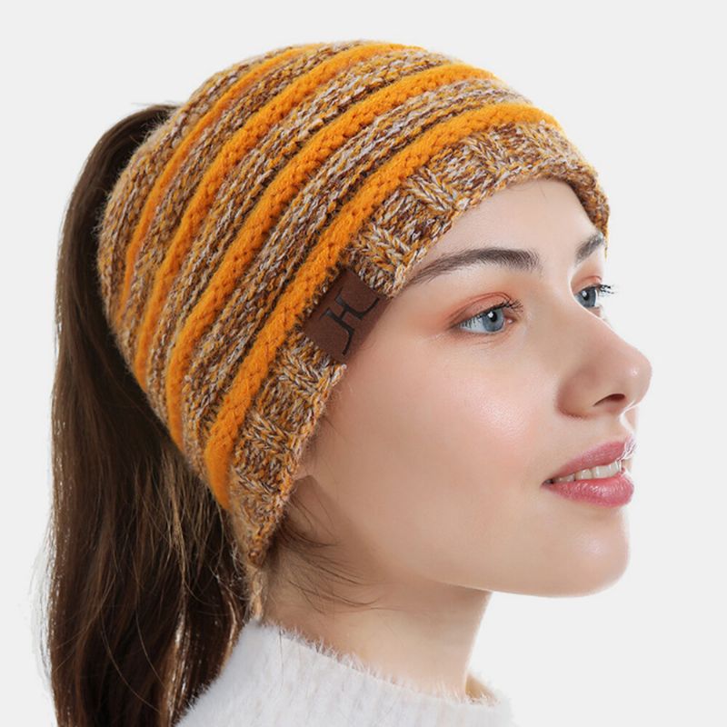 Gorro De Punto Con Patrón De Rayas De Lana Unisex Manténgase Caliente Y Vacío Protección Para Los Oídos En La Parte Superior