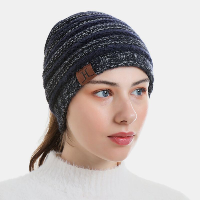 Gorro De Punto Con Patrón De Rayas De Lana Unisex Manténgase Caliente Y Vacío Protección Para Los Oídos En La Parte Superior