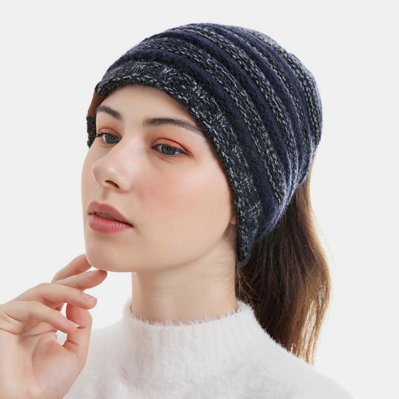 Gorro De Punto Con Patrón De Rayas De Lana Unisex Manténgase Caliente Y Vacío Protección Para Los Oídos En La Parte Superior