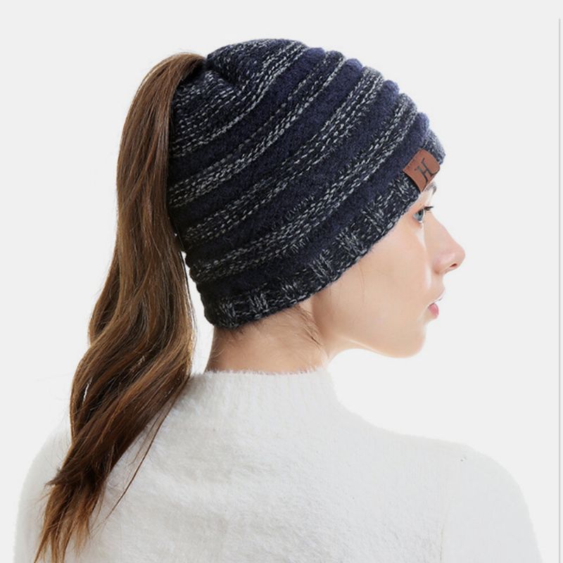 Gorro De Punto Con Patrón De Rayas De Lana Unisex Manténgase Caliente Y Vacío Protección Para Los Oídos En La Parte Superior