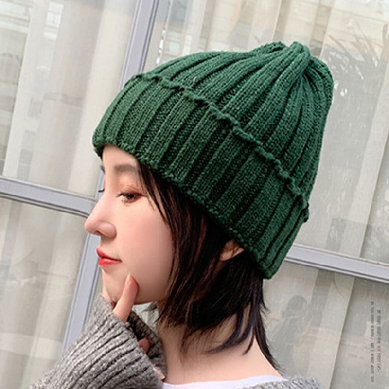 Gorro De Punto De Lana De Color Sólido Con Reborde A Prueba De Viento Cálido De Invierno Acrílico Para Mujer