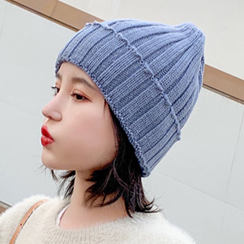 Gorro De Punto De Lana De Color Sólido Con Reborde A Prueba De Viento Cálido De Invierno Acrílico Para Mujer