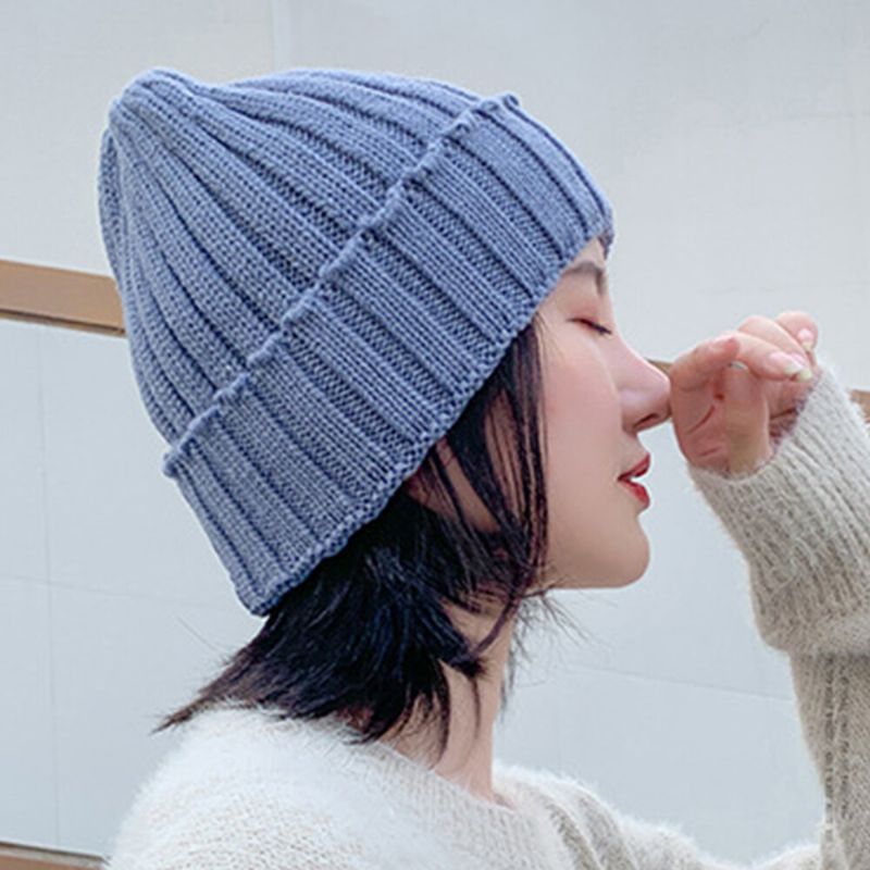 Gorro De Punto De Lana De Color Sólido Con Reborde A Prueba De Viento Cálido De Invierno Acrílico Para Mujer