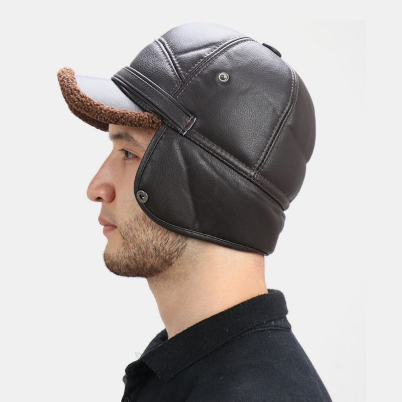 Hombre Faux Leather Plus Thicken Velvet Protección Para Los Oídos Cálido Sombrero De Trampero A Prueba De Viento Sombrero De Béisbol