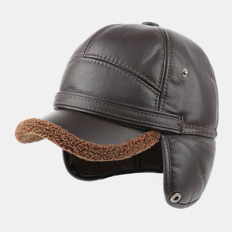 Hombre Faux Leather Plus Thicken Velvet Protección Para Los Oídos Cálido Sombrero De Trampero A Prueba De Viento Sombrero De Béisbol